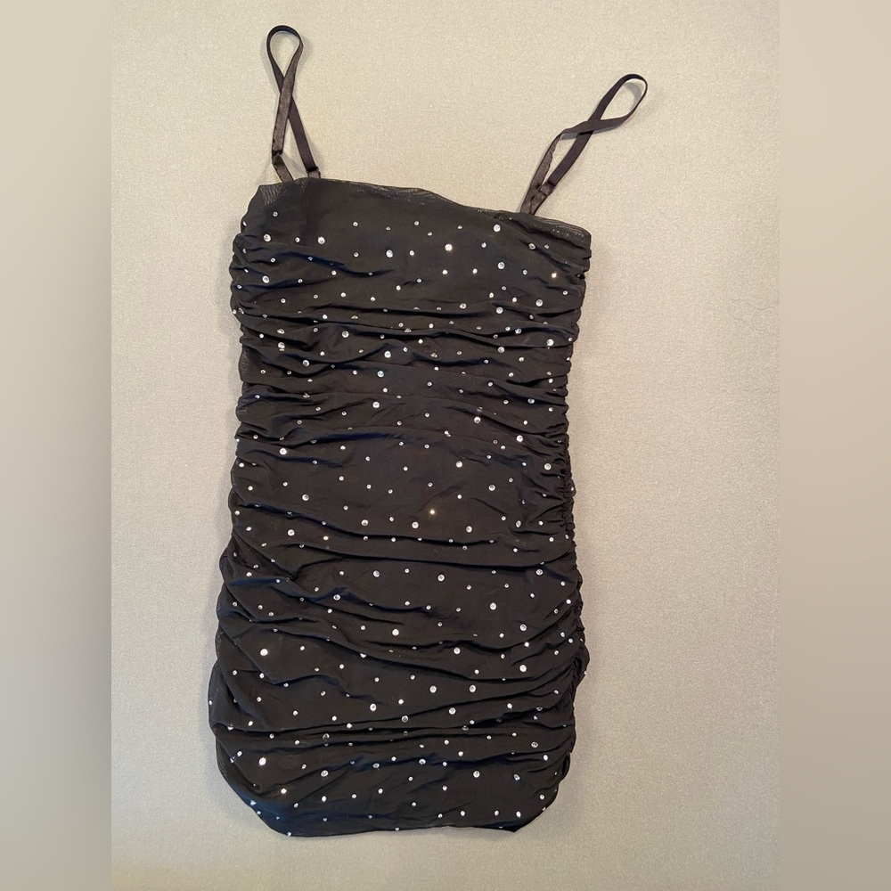 NBD x Revolve Black mesh mini with applied Rhinestones. Ruched. size Medium